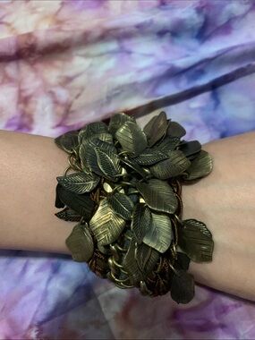 Antique Brass Leaf Statement Bracelet - Multi Strand